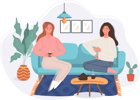 Ilustración en color de dos mujeres tomando café en un sofá. Ambiente relajado y agradable. Están charlando en alemán. Original de svstudioart en Freepik