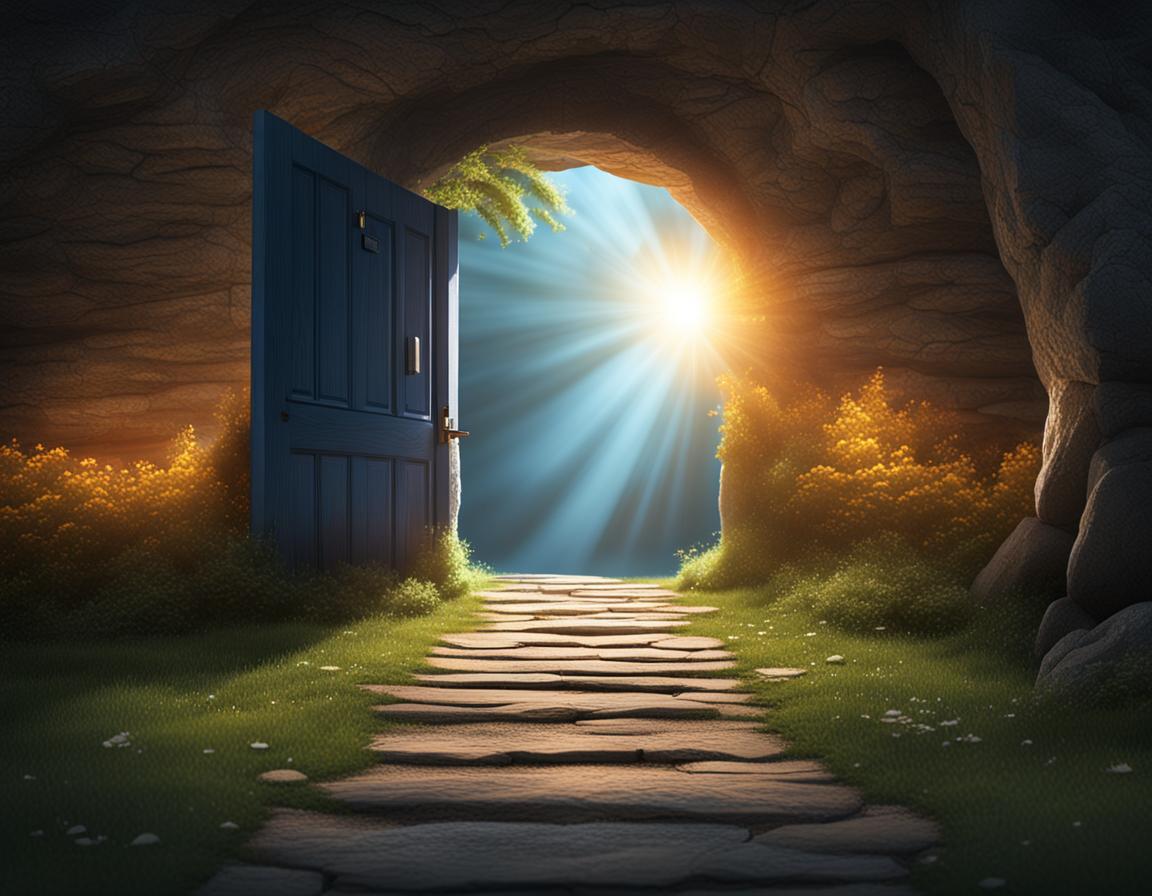 Imagen realista en resolución 4K que represente una puerta abierta con un camino iluminado que conduzca hacia la luz, simbolizando la superación del miedo. Transmitiendo una sensación de esperanza y avance a través de la composición visual.