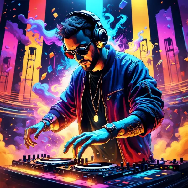 Imagen creada por IA en colores vivos que muestra un DJ delante de su aparato poniendo la música estilo técno. El DJ lleva gafas de sol, cascos, chaquete remangada. Lleva un collar largo y reloj de pulsera grande.