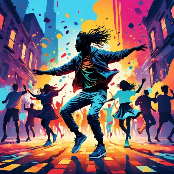 Imagen creada por IA que muestra una multitud bailando al estilo música pop en la calle. Todo en colores vivos.