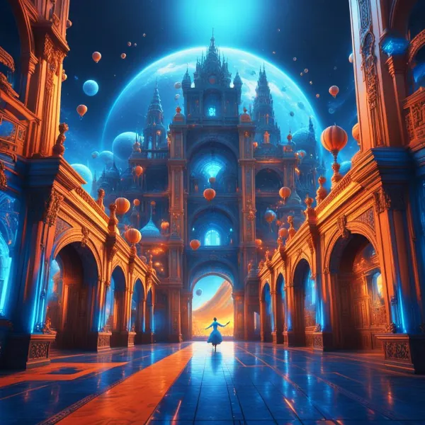 Imagen creada por IA que muestra una sala de baile vacía, de noche y con el techo abierto. Al fondo se ve a una bailarina sola y detrás del muro una luna gigante. Por el aire se ve muchos globos decorando la escena. Los colores que predominan son el azul y el naranja. La imagen sigue un estilo de fantasía.