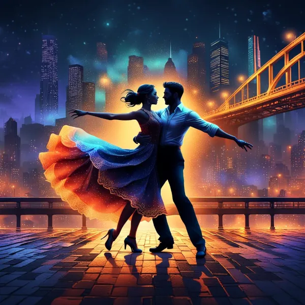 Pareja bailando Tango delante de un puente de noche. Al fondo se ve las siluetas de unos rascacielos. Detrás de la pareja hay una luz dorada que ilumina la pareja desde ahí. Imagen creada por inteligencia artificial.