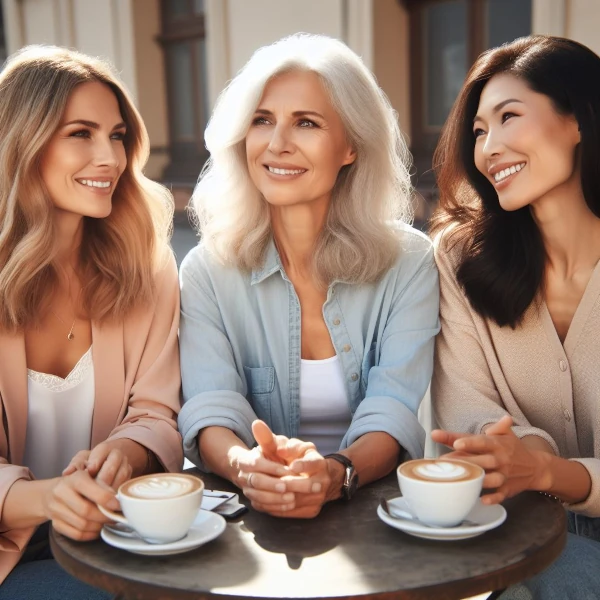 La imagen creada por IA es realista en colores suaves y cálidos. Muestra tres mujeres sentadas en una mesa de cafetería tomando café. Acompañan al artículo sobre el Akkusativ en alemán.