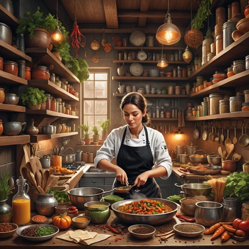 Una cocina bien iluminada, llena de ingredientes coloridos y alimentos frescos. Al fondo una ventana al exterior. En el centro una chef cocinando en un ambiente relajado y agradable.